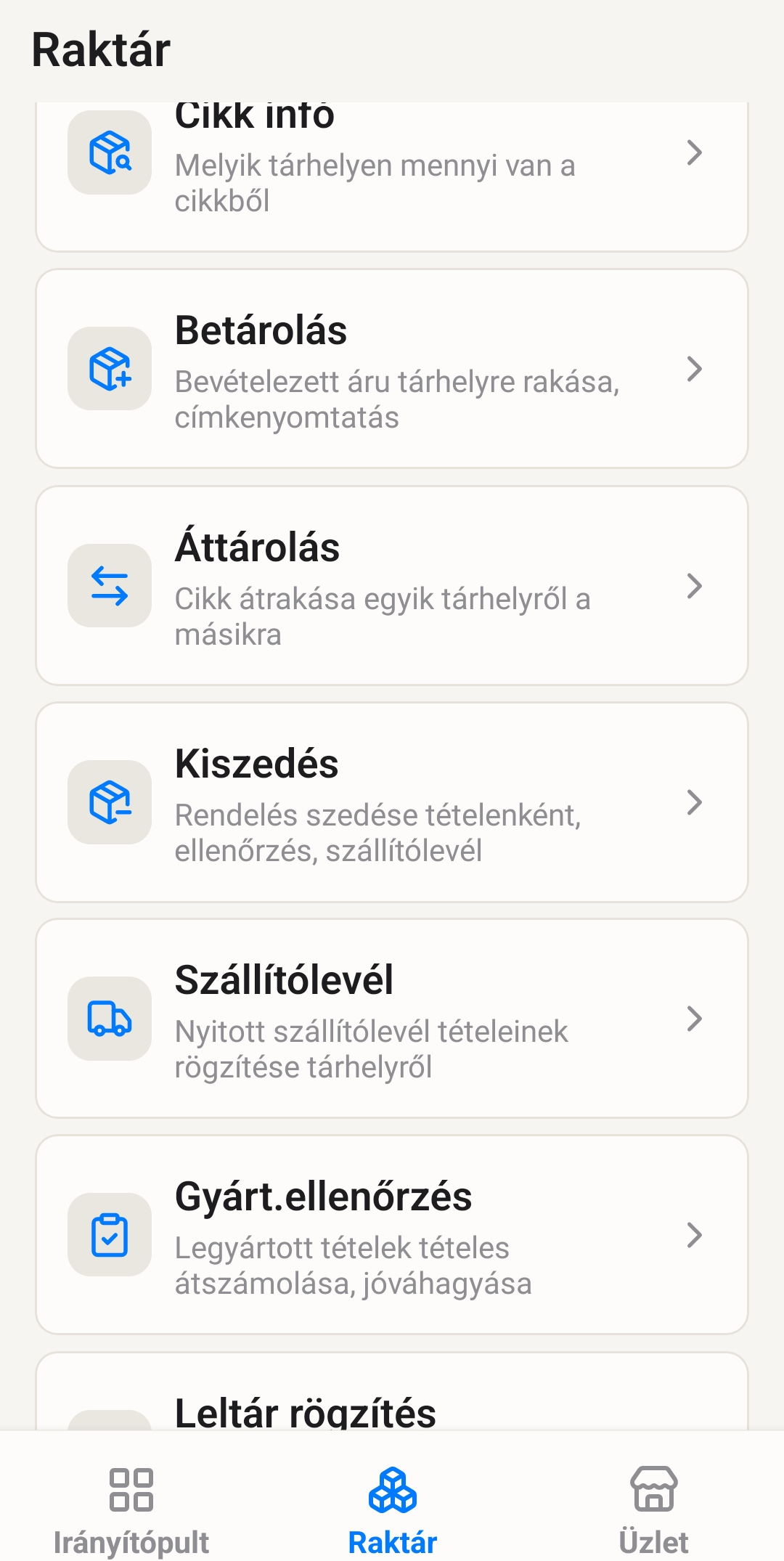 Az X-Profit Mobil Raktár menüje