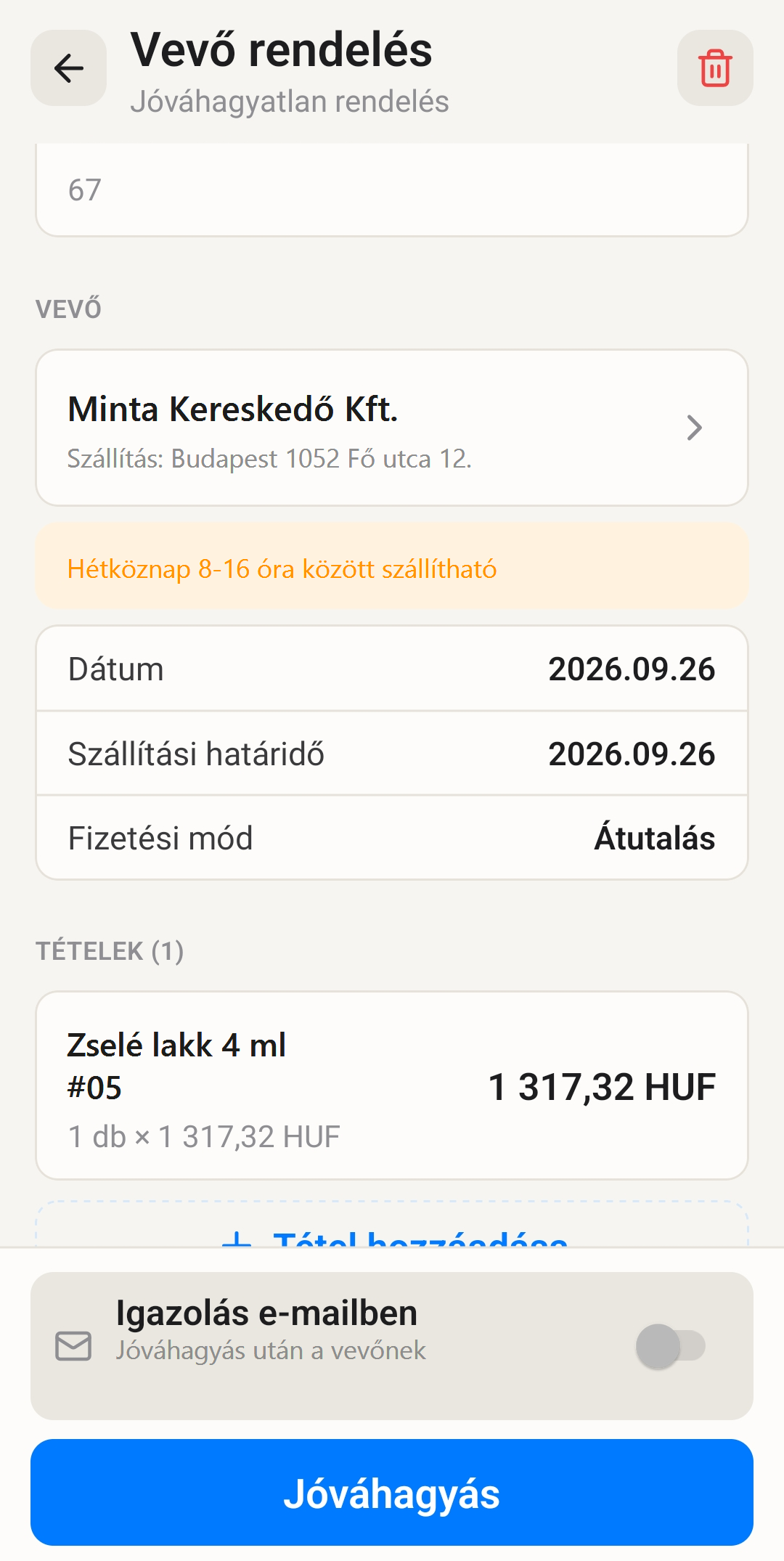 Vevő rendelés rögzítés az X-Profit Mobilban