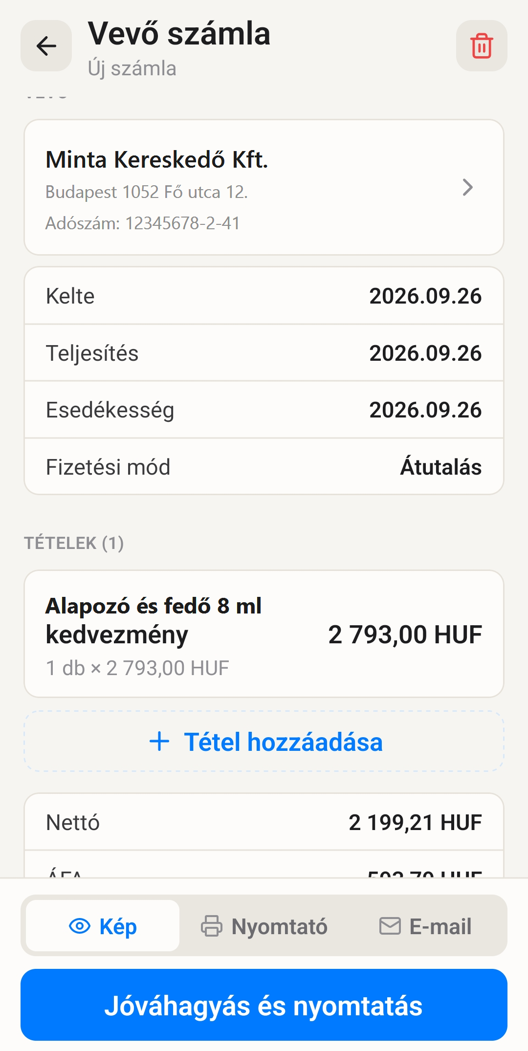 Vevő számla rögzítés az X-Profit Mobilban